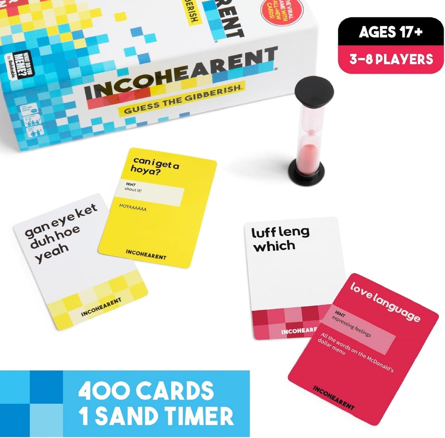 WHAT DO YOU MEME? Incohearent, The Guess The Gibberish Party Game by Relatable, A Funny Card Game for Adults, Great for Game Night Games, Includes 400 Cards, Instructions, and 1 Sand Timer