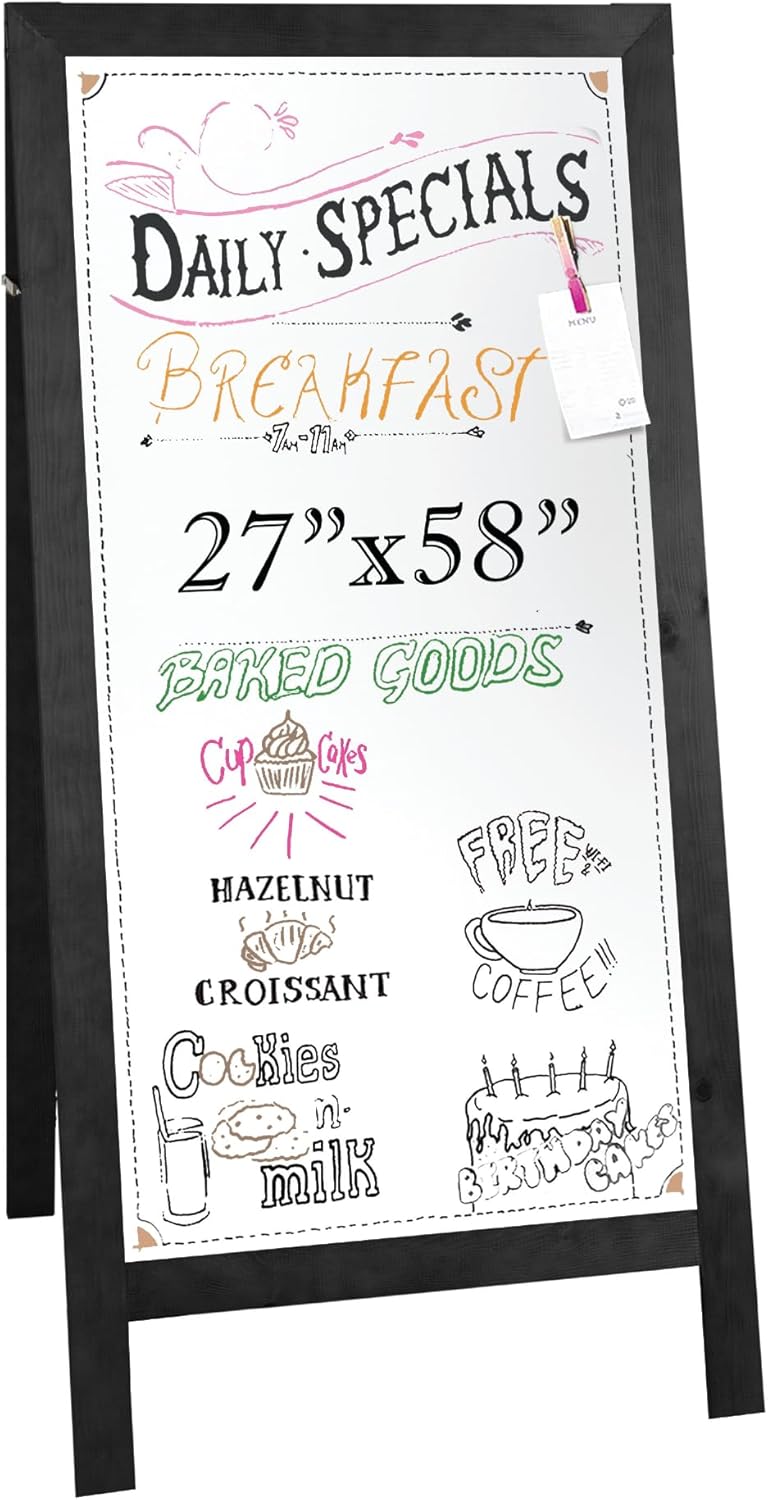 Ilyapa Wooden Dry Erase A Frame Sign - Magnetic Whiteboard Sidewalk Menu Board Outdoor - Menu Display for Restaurant, Food Truck - 58x27 inch - Black