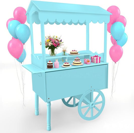 7FT Candy Cart Display Stand with Decorated Wheels, Dessert and Party Decoration Cart with 100 Ballons, Easy to Install Vintage for Parties, Birthdays, Weddings, (blue)