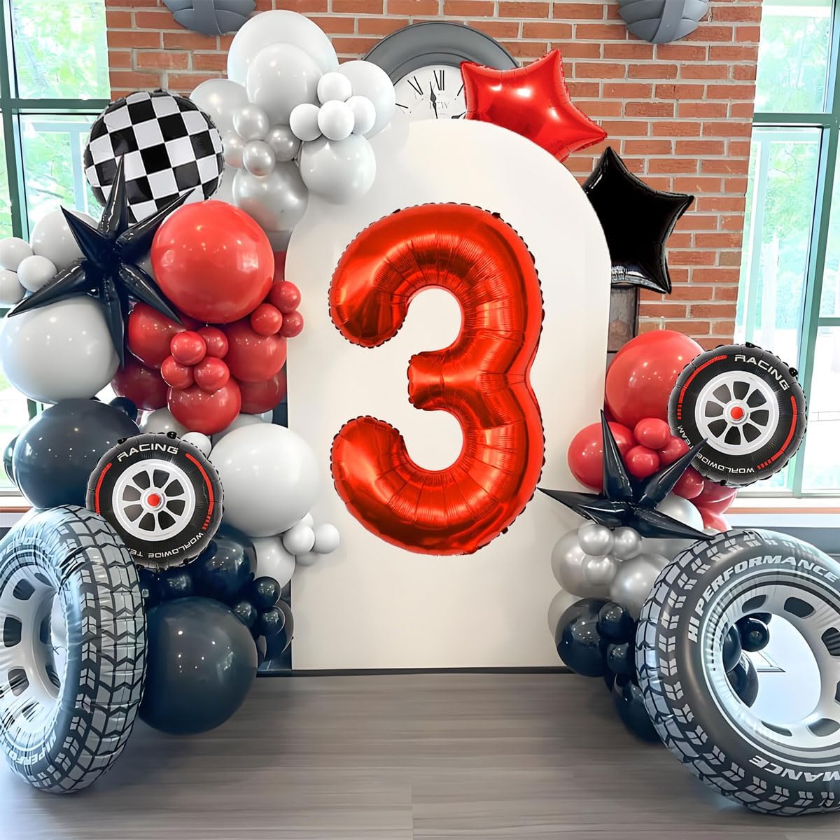 Race Car Birthday Party Decorations - 40 Inch Mylar Red Number 3 Balloons - Black Foil Checkered Race Car Balloons for 3st Birthday Race Cars Themed Party Decorations