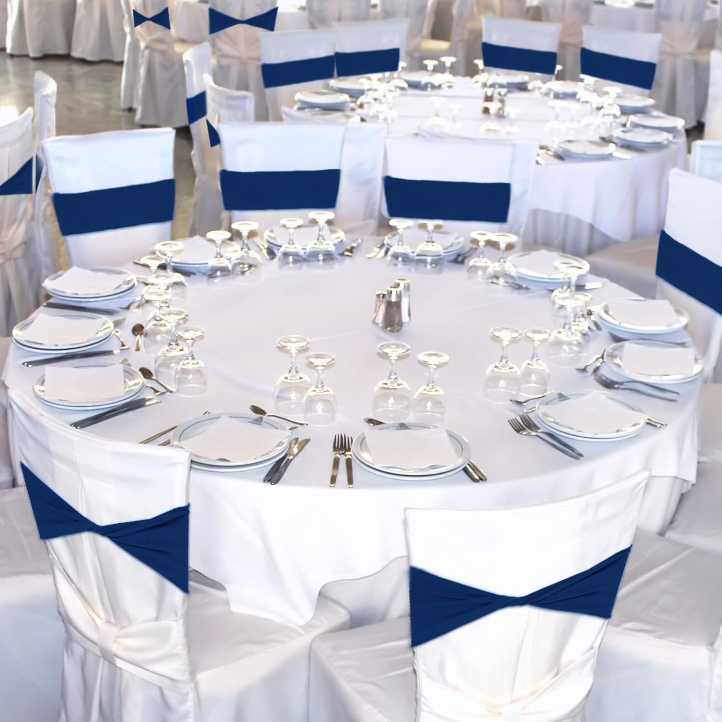 Kinlop 50 Pcs Spandex Chair Sashes Bows Chair Bands Slider Sashes for Covers Elastic Bands Ties Without Buckle Decorations for Wedding Party Events Ceremony Birthday(Navy Blue)