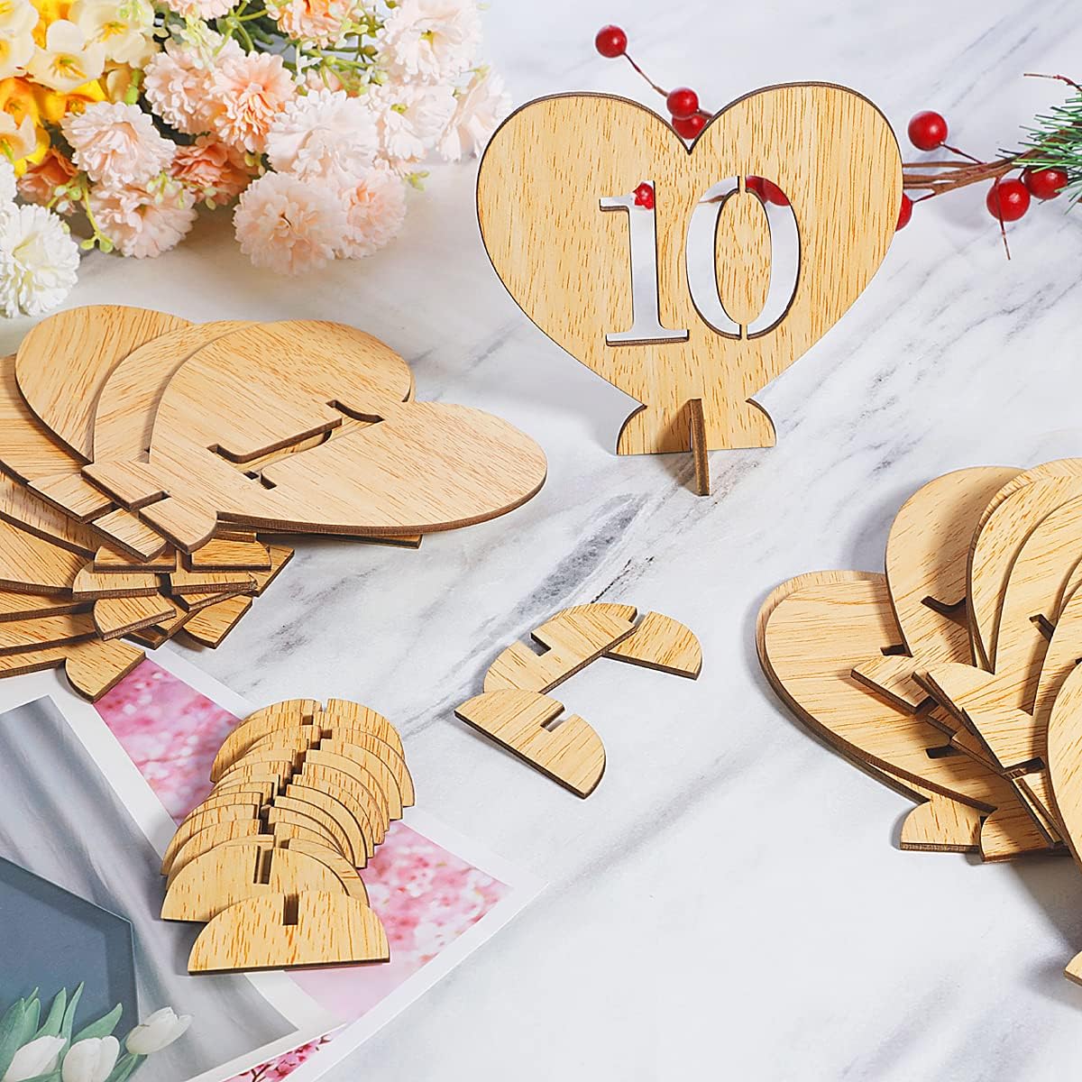 Heart Shape Wooden Table Numbers 1-20 With Holder Base - Rustic Hollow Out Wood Cards for Wedding, Party, Event Decoration