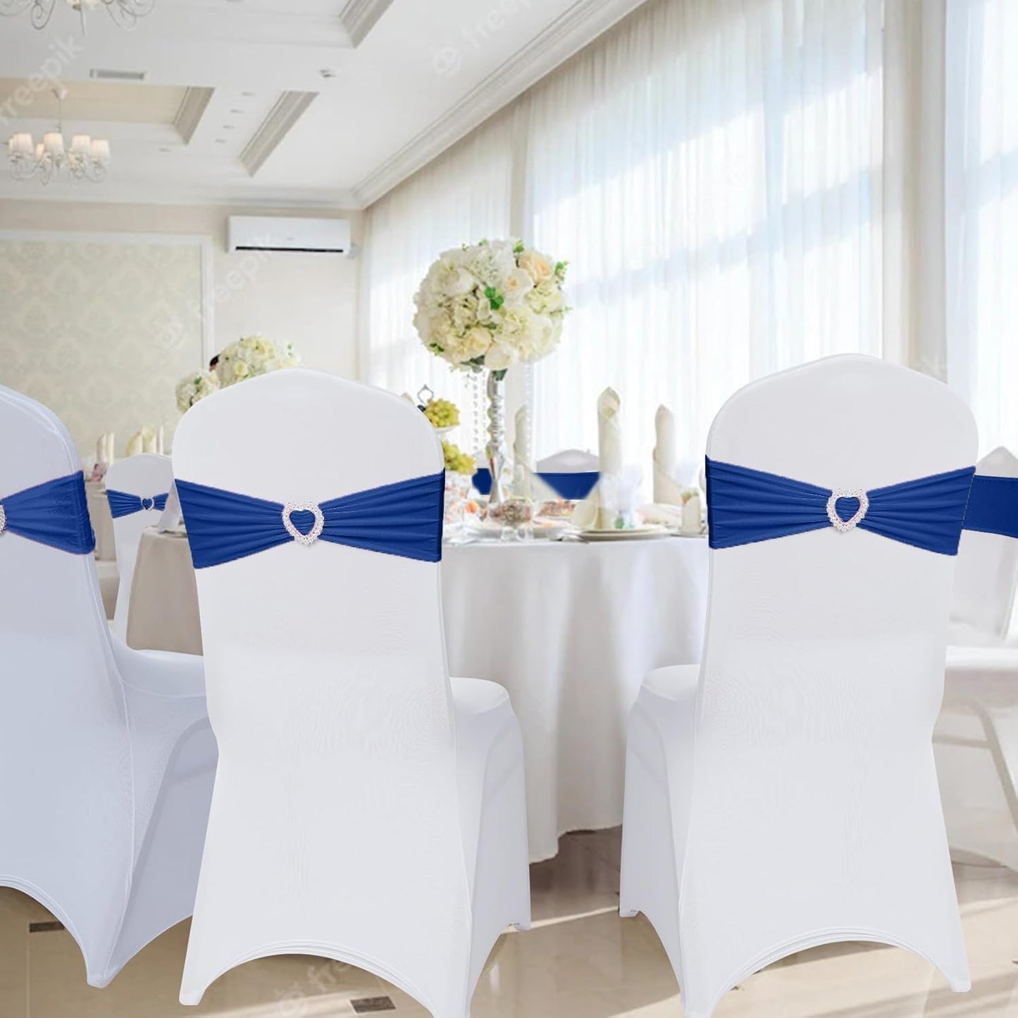 Howhic Pack of 120 Spandex Chair Sashes Bows Stretch Chair Cover Band with Buckle Slider Universal Elastic Chair Ties for Wedding Banquet Party Event Decoration (Navy)