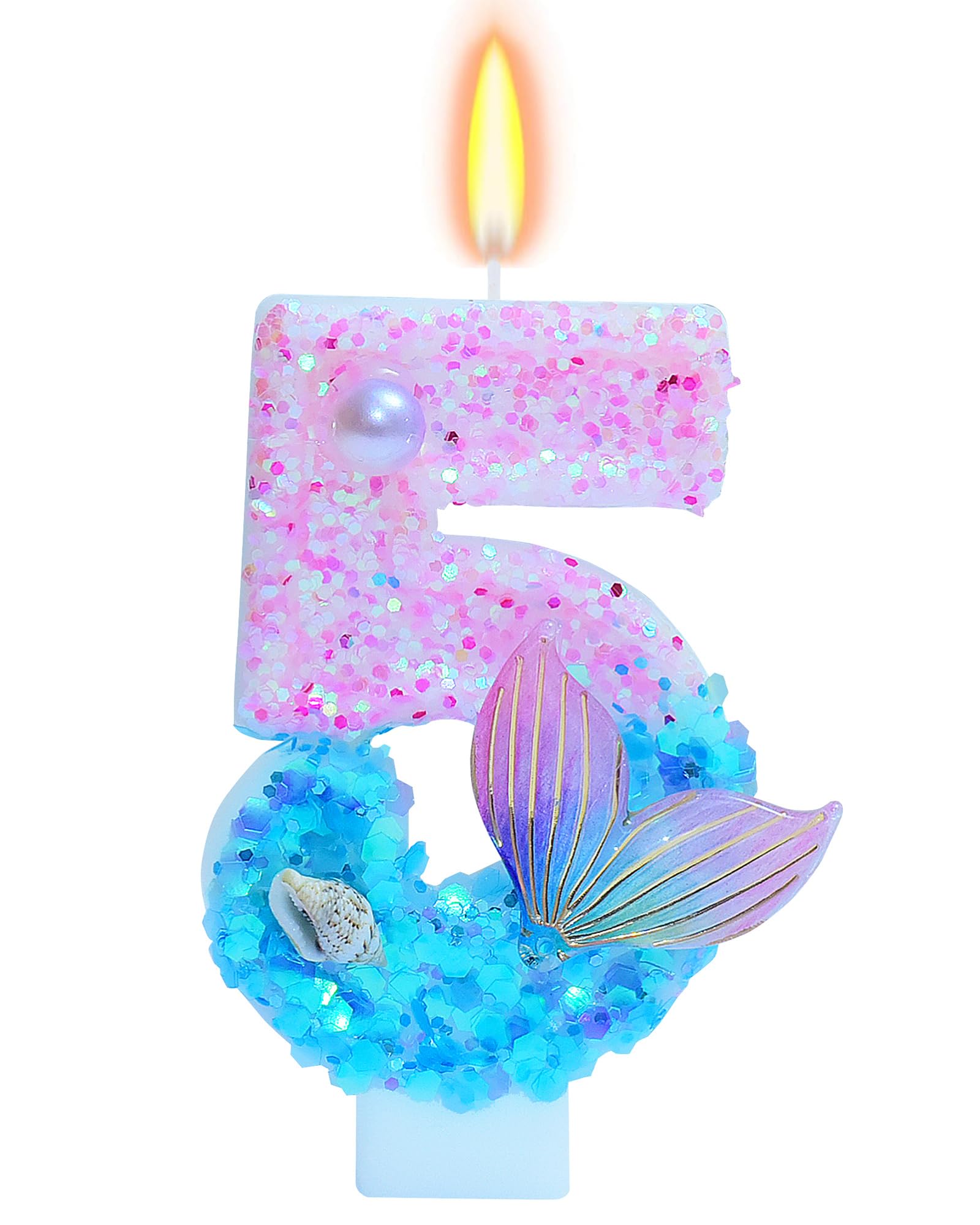 Mermaid Themed Birthday Candles, Number 5 Girls Glitter Birthday Party Supplies,Anniversary Party
