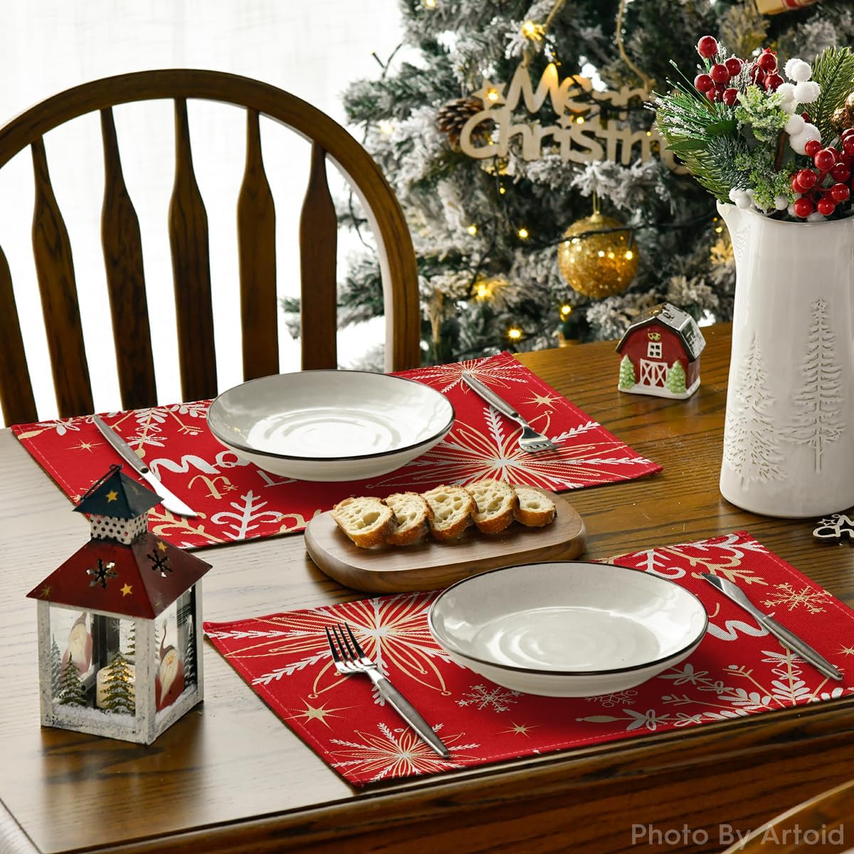 Artoid Mode Red Snowflake Let It Snow Winter Placemats for Dining Table, 12 x 18 Inch Seasonal Christmas Washable Table Mats Set of 4