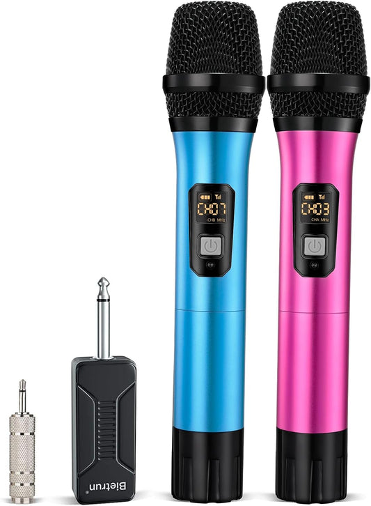 Wireless Microphone, Bietrun UHF Metal Dual Handheld Cordless Dynamic Mic System with Rechargeable Receiver, 1/4‘’Output, for Karaoke, Church, Speech, Wedding, Party Singing(160 ft Range)-Auto Connect