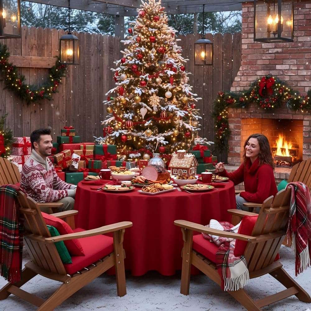 sancua Round Tablecloth - 90 Inch - Water Resistant Spill Proof Washable Polyester Table Cloth Decorative Fabric Table Cover for Dining Tables, Buffet Parties and Camping, Red