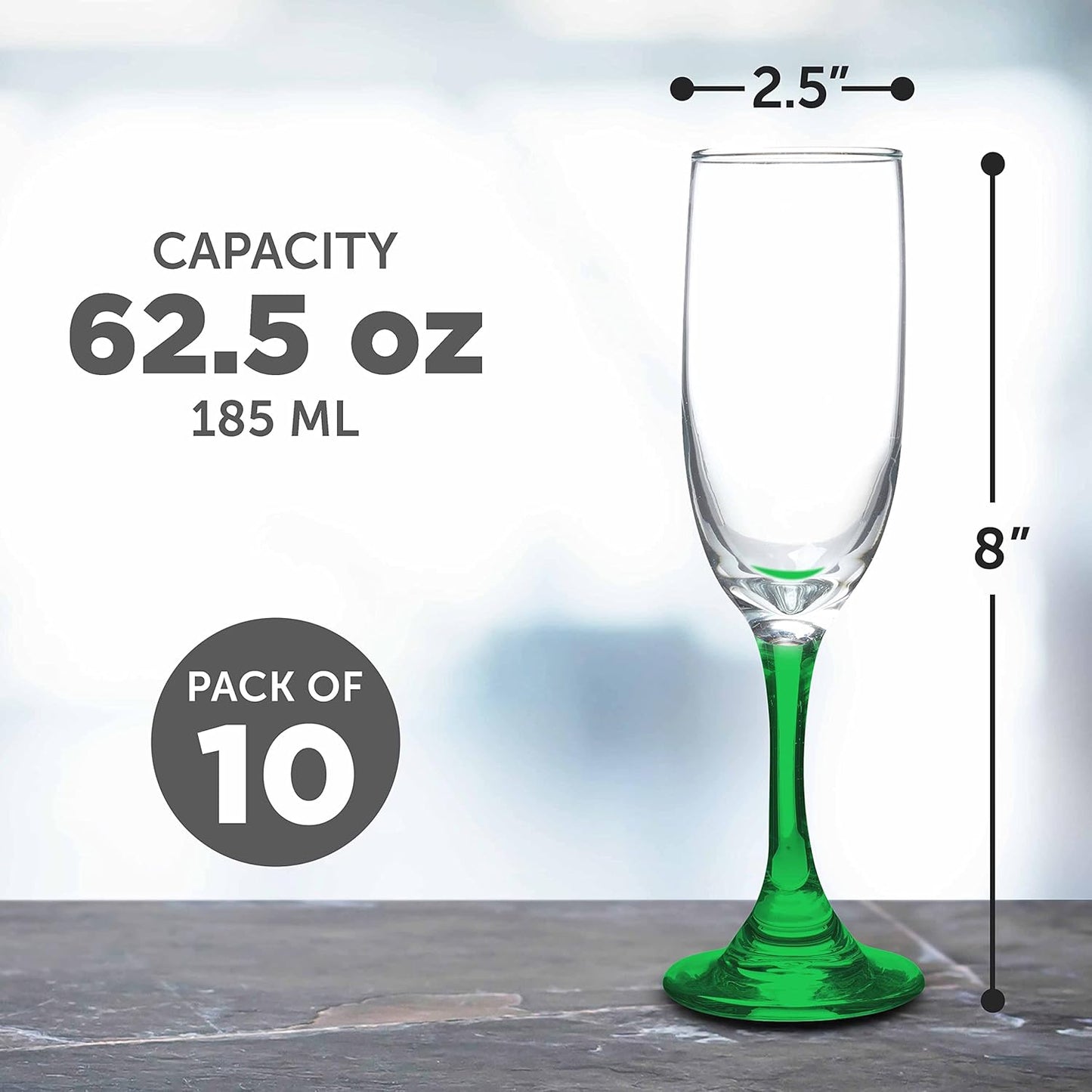 DISCOUNT PROMOS Premiere Champagne Flutes 6.25 oz. Set of 10, Bulk Pack - Elegant Drinkware for Weddings, Events, & Promotional Gifts - Green
