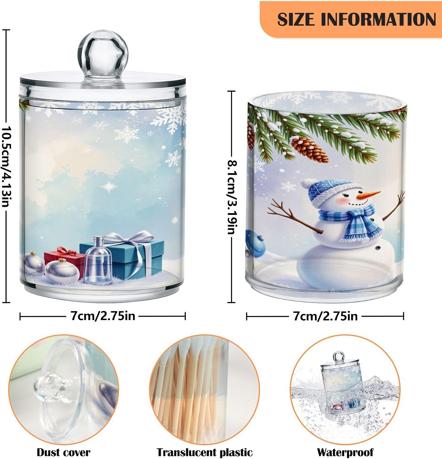 Gredecor Christmas Winter Qtip Holder Dispenser 2 Pack Snowman Snowflake Pine Cones Gifts Bathroom Decorative Storage Canister Holder Counter Vanity Organizer for Cotton Ball Swabs Pads Floss