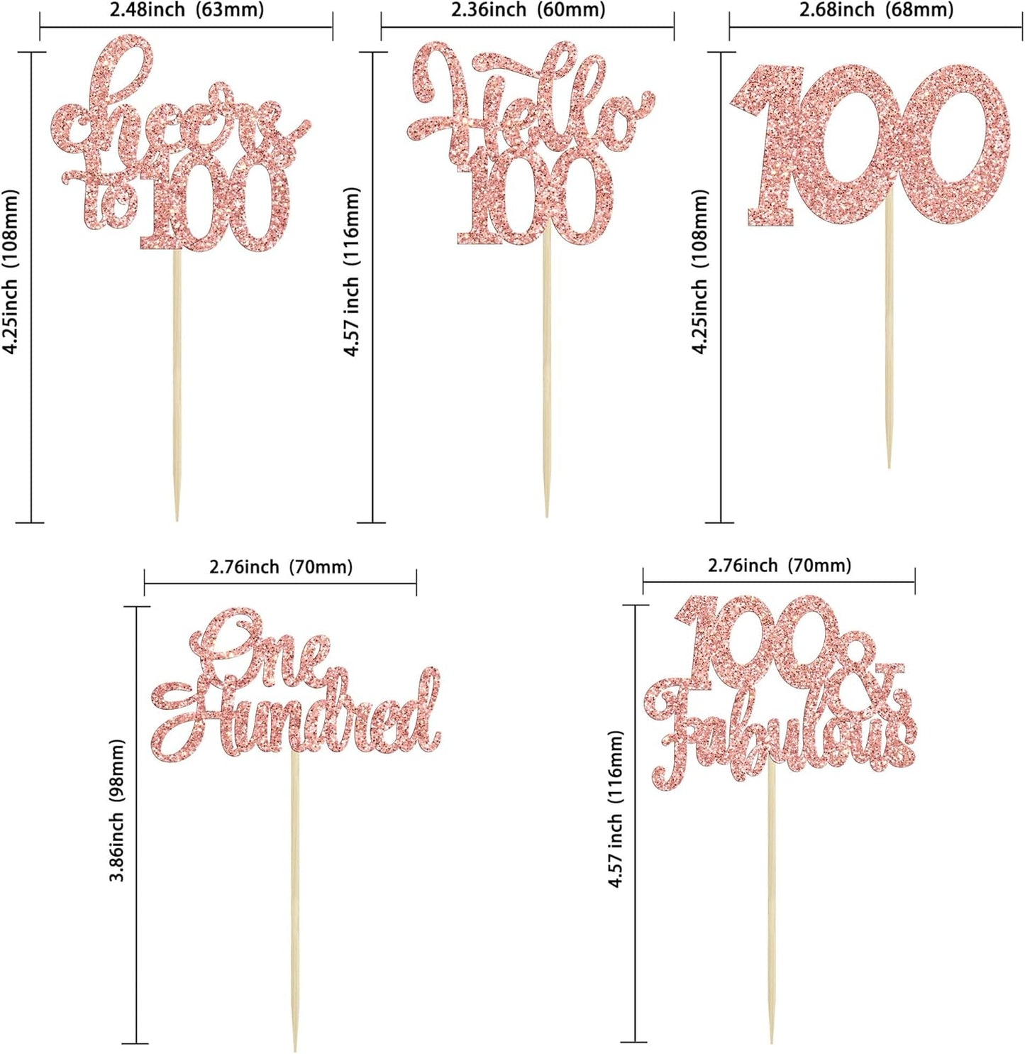 30pcs Happy 100th Birthday Cupcake Toppers - Rose Gold Glitter One Hundred Cheers to 100 Years Old Cupcake Picks for Anniversary Party Cake Decorations