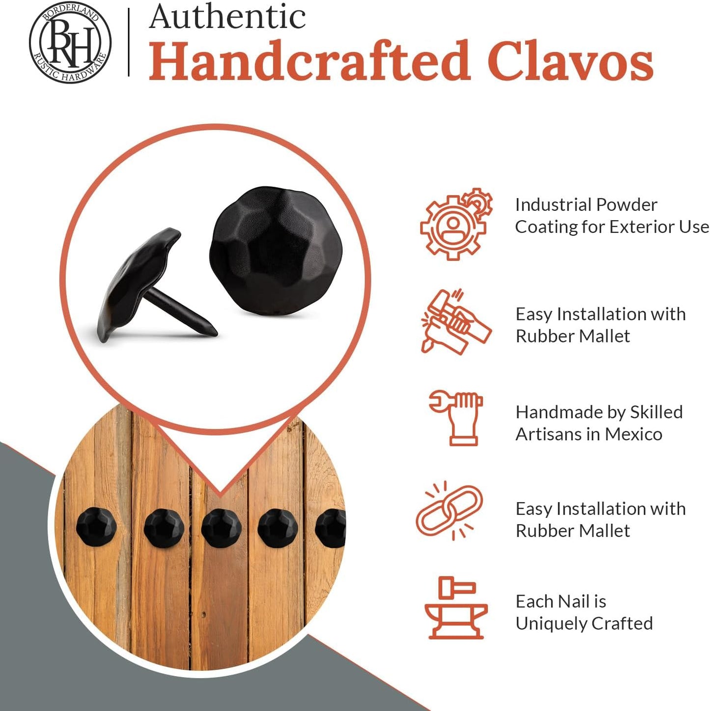 10 Pack 1" Small Round Head Iron Clavos Decorative Nails – Black – Handmade Rustic Round Fasteners for Farmhouse Shutter, Faux Wood Beams, Barn Door, Shutters, and Gates – Ornamental Wood Accent