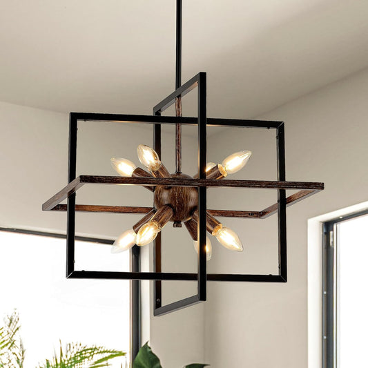 8-Light Wood Grain and Vintage Black Sputnik Chandelier, 18.9'' Industrial Pendant Lighting Fixture for Dining Room