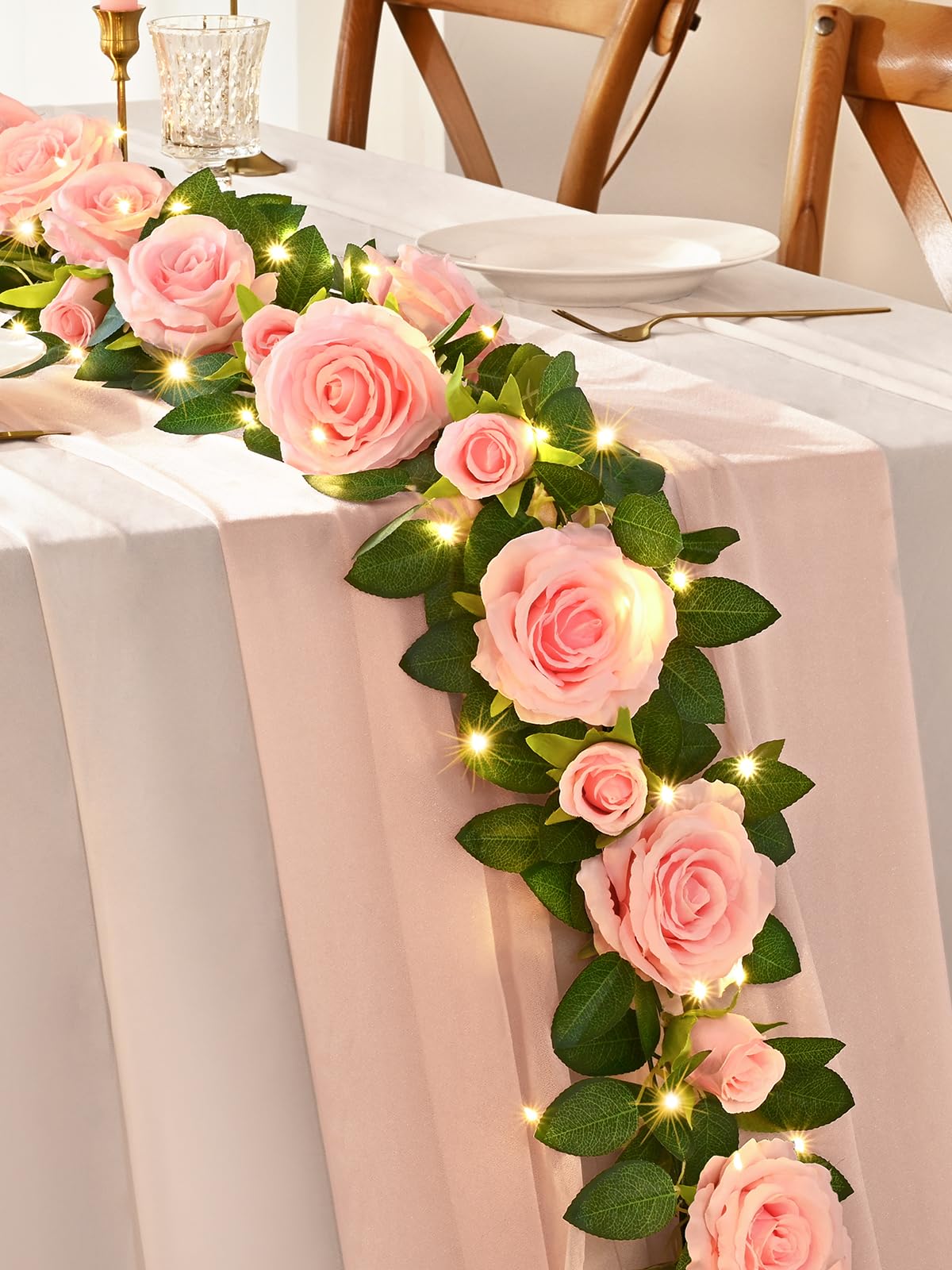 Flower Garland Fake Flowers, Rose Floral Garland, Pink with Lights, 2 Pcs