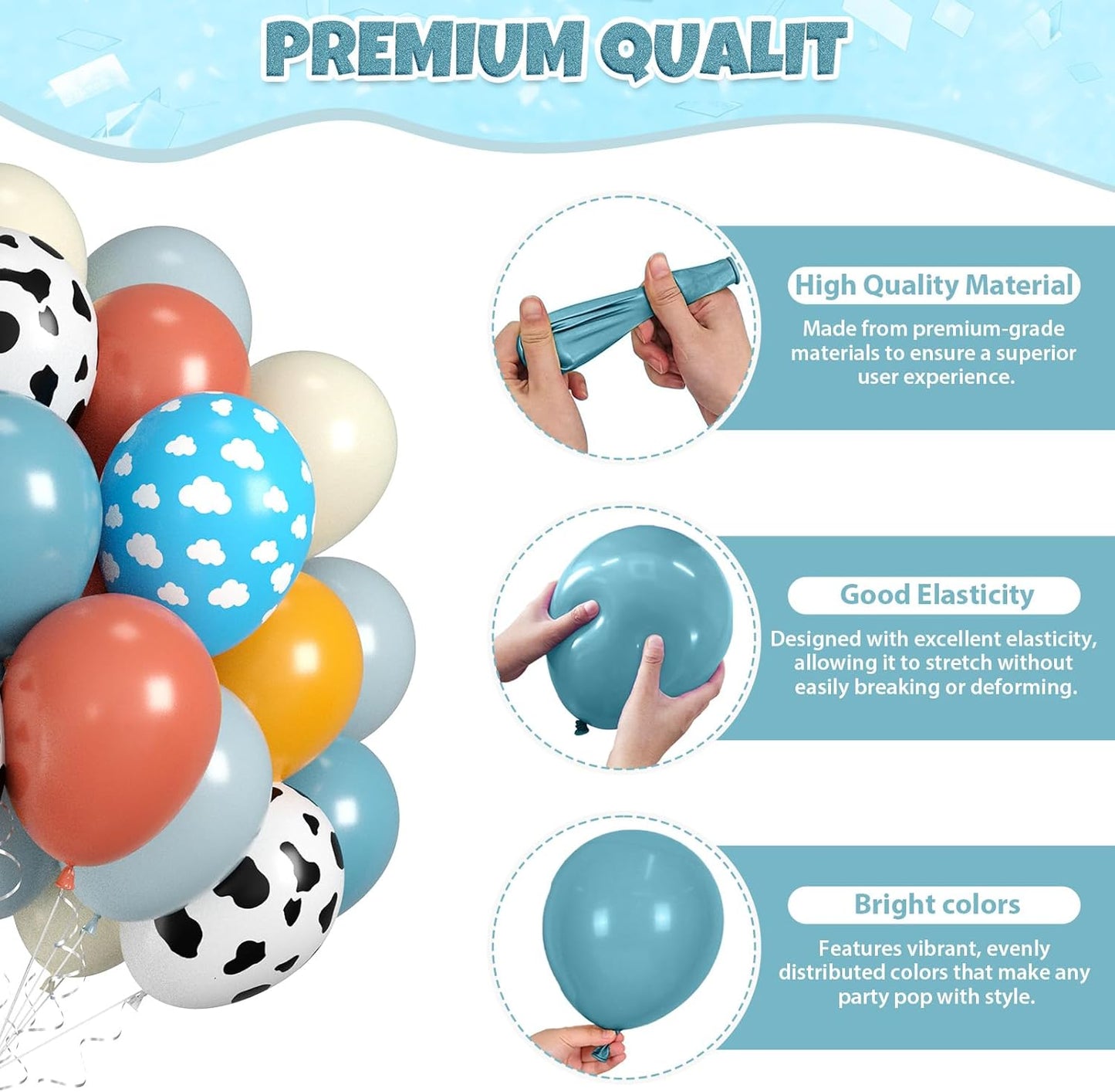 Cow Print Balloons, 60pcs Farm Cow Balloons, Retro Dusty Blue Yellow White Balloon, Blue Cloud Print Balloon For Kids Birthday Baby Shower Cowboy Farm Theme Party Wedding Anniversary Bachelorette