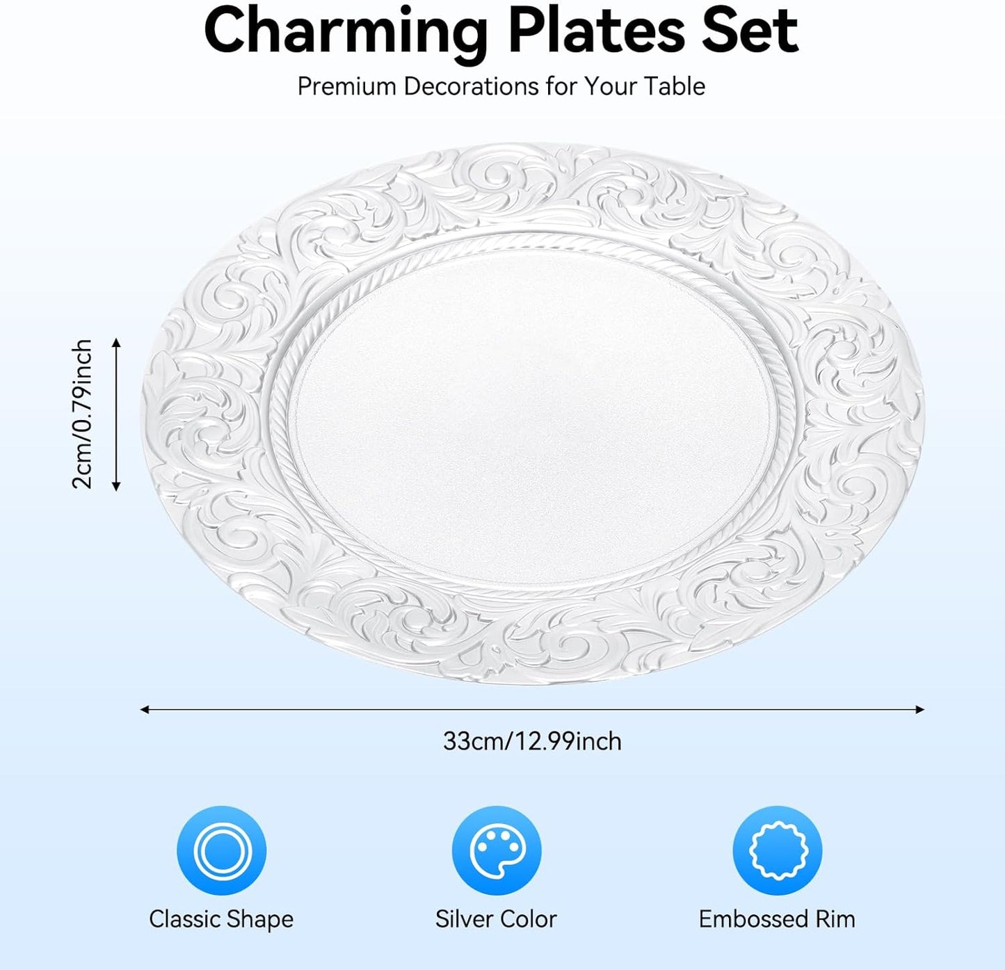 Antique Charger Plates Set, 100 Pcs 13in Plastic Embossed Dinner Plate, Round Phoenix Pattern Elegant Floral Plates for Dinner Wedding Party Event Table Setting Decoration (Silver)