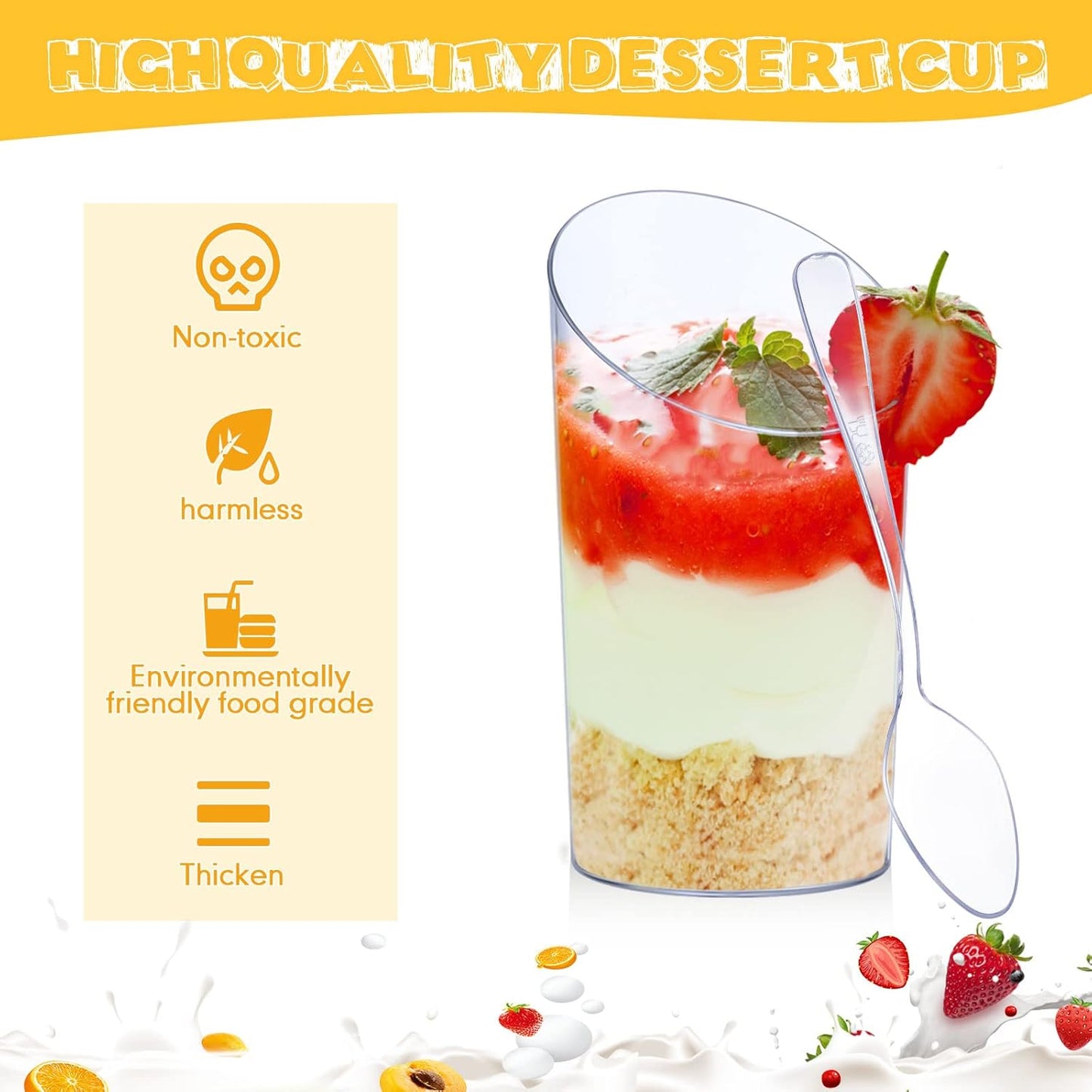Nuogo 200 Pcs Mini Dessert Cups with Spoons Include 3 oz Square Plastic Appetizer Cups 2.5 oz Slanted Round Parfait Shooter Cup Small Clear Mousse Pudding Cup for Wedding Baby Shower Birthday Party