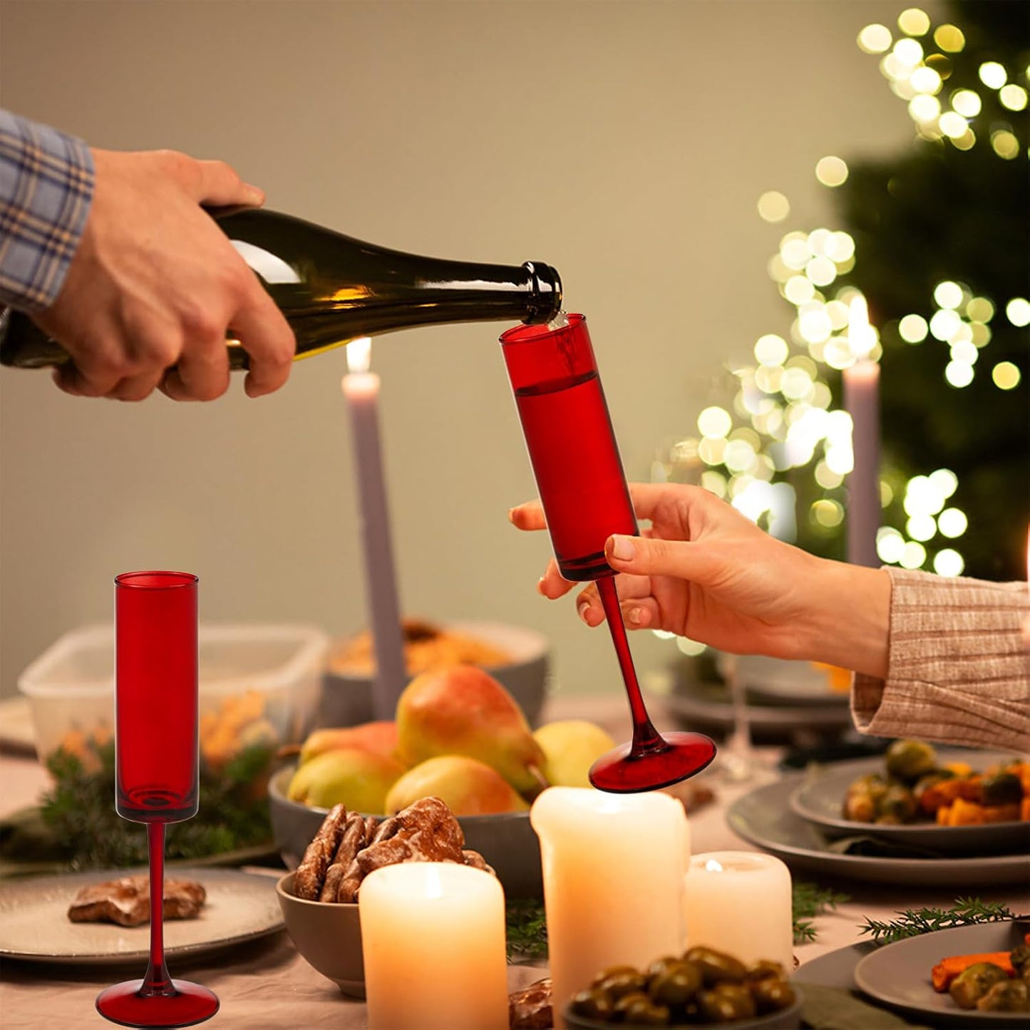 24 Pieces Red Champagne Flutes 6 OZ Straight Sided Wine Glasses Champagne Long Stem Drinking Colored Glasses,Set of 24 Hand Blown Champagne Flutes Goblets for Wedding Cocktail Cups,Cava, Prosecco