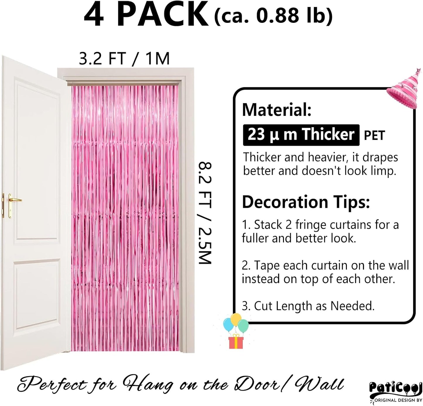 Pink Streamers Party Decorations - Thicken 4 Pack 3.2 x 8.2 FT - Pink Tinsel Foil Fringe Curtains, Photo Booth Props Backdrops for Birthday, Bachelorette, Graduation, Baby Shower Party Decorations