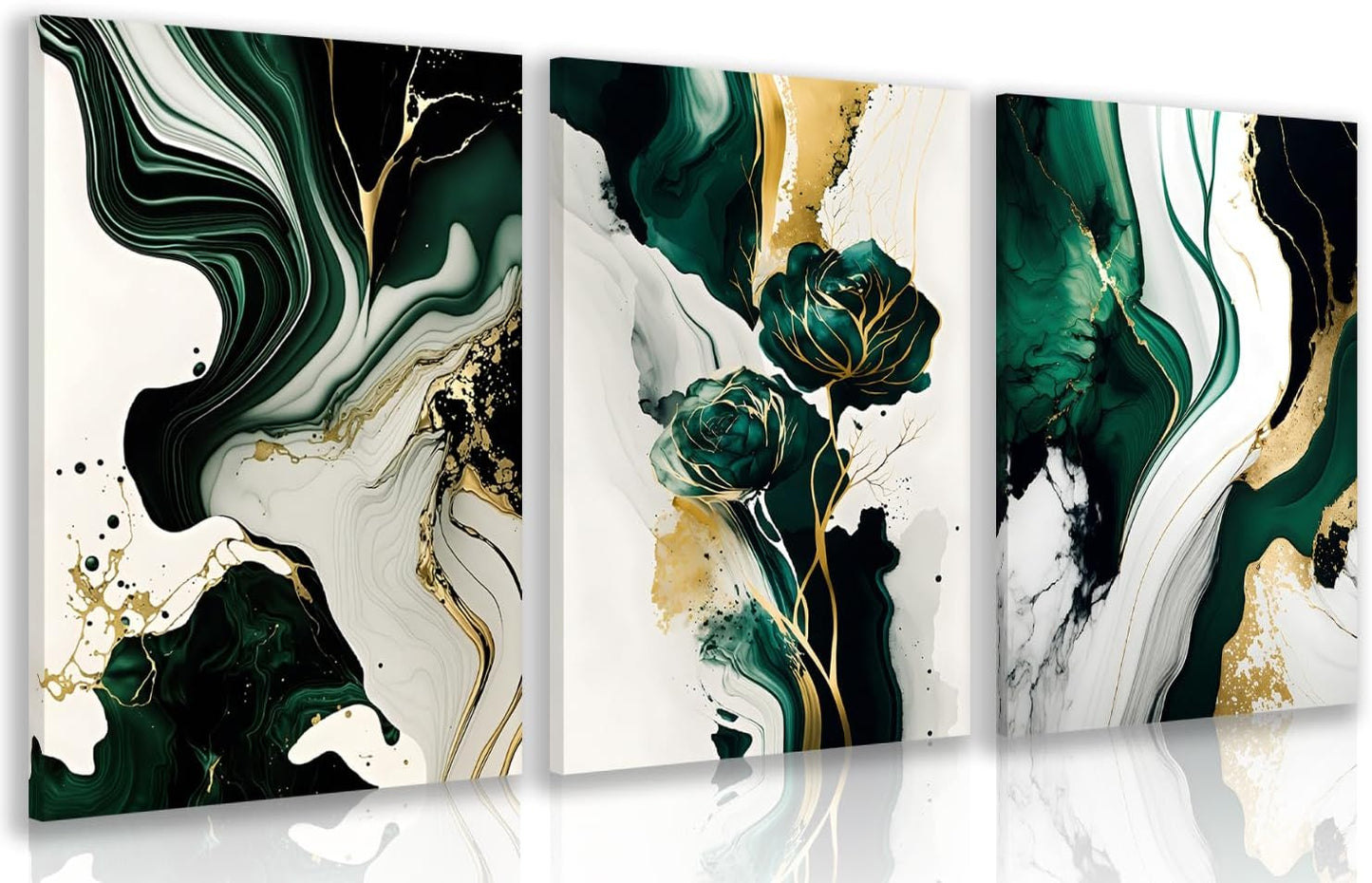 IAFWZX Framed Green Gold Abstract Wall Art, Emerald Marble Textured Wall Decor, Contemporary Line Flower Canvas Paintings, Abstract Floral Poster Prints for Living Room Bedroom Office 12"x16"x3