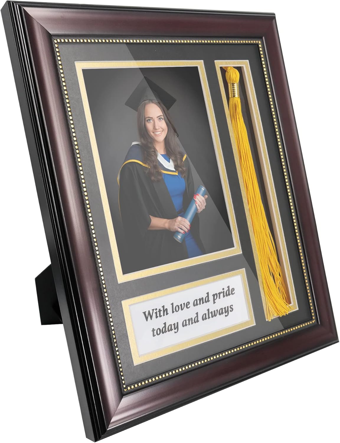 GraduationMall Graduation Photo Shadow Box Frame with Tassel Holder for 5x7 Pictures,Real Glass,Black over Gold Double Mat,Wall & Tabletop Design