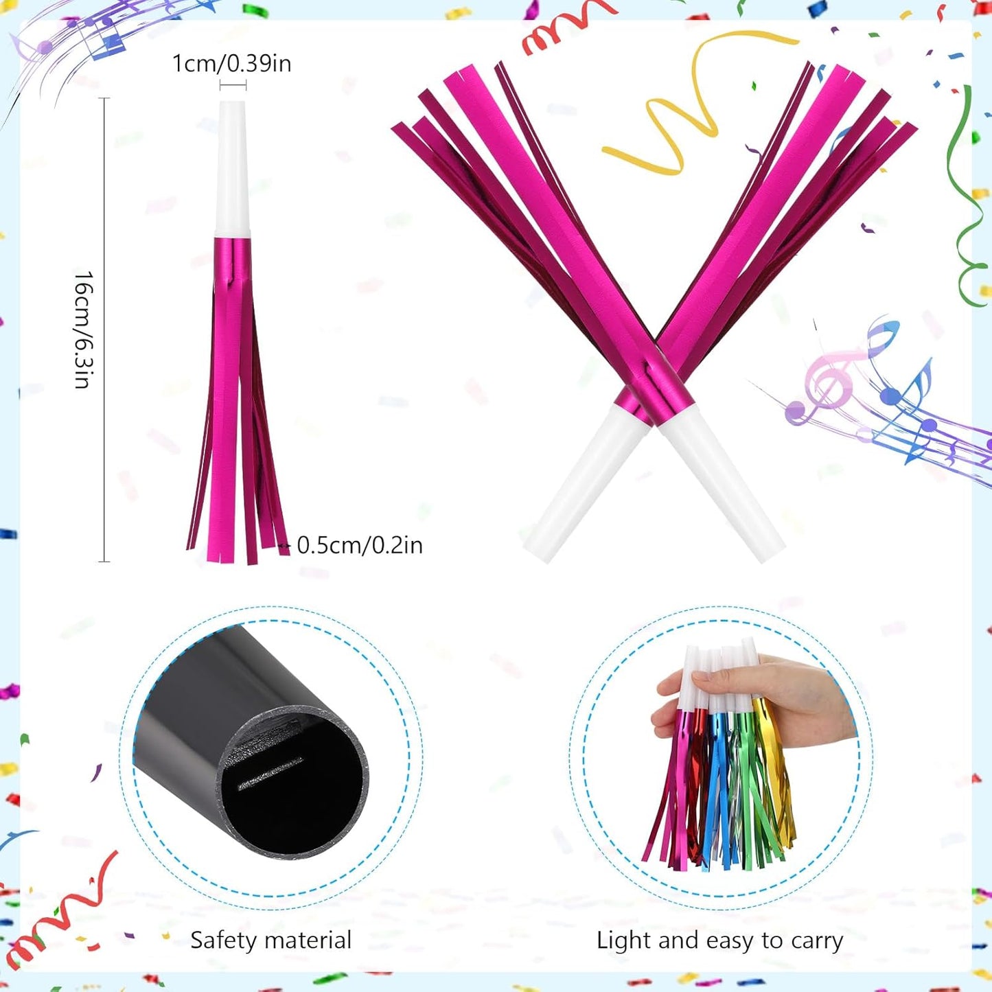 Metallic Fringed Noise Makers, for Noise Makers Party Favors, New Year Party, Baby Shower, Kids Birthday, 24 Pcs, Rose Red