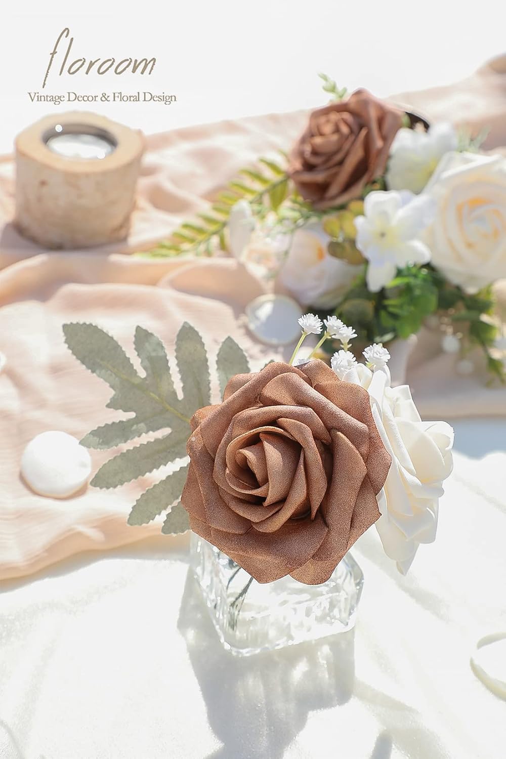 Floroom Artificial Flowers 25pcs Real Looking Gold Sparrow & Cream Foam Fake Roses with Stems for DIY Wedding Bouquets Bridal Shower Centerpieces Floral Arrangements Party Tables Home Decorations