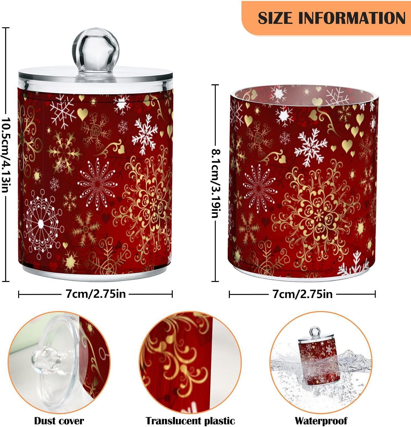 Gredecor Christmas Winter Qtip Holder Dispenser 2 Pack Gold and White Snowflakes Apothecary Jars with Lids Bathroom Vanity Countertop Canister Storage Organizer for Cotton Ball,Swabs,Pads,Floss