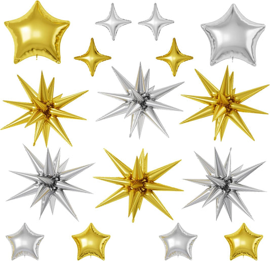 16 Pcs Gold Silver Star Balloons, 22/18/10 Inch Foil Balloons, Four-Pointed Balloon for Kids Men Birthday Graduation Wedding Bridal Baby Shower Party Decorations