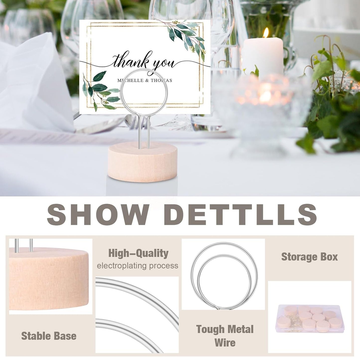 Table Number Holders Pack of 10 Metal Wire with Wooden Base for Better Stability Place Card Holders - Centerpieces, Picture Photo Sign Stands for Weddings, Party, Birthdays -Silver