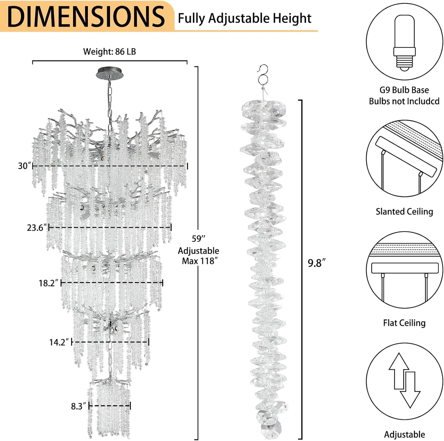 YUYI 118'' Modern Crystal Chandelier, Silver Chandelier for Entryway, Large Tree Branch Chandeliers for High Ceilings, Staircase, Foyer, Living Room, 28-Light 5-Tier Hanging Light Fixture