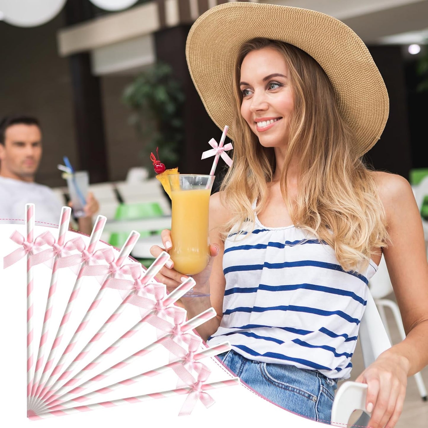 100 Pcs Pink Paper Straws for Drinking, Bow Disposable Striped Paper Straws Bulk Pink Theme Birthday Party Supplies for Wedding Cake Decorations Bachelorette Baby Shower