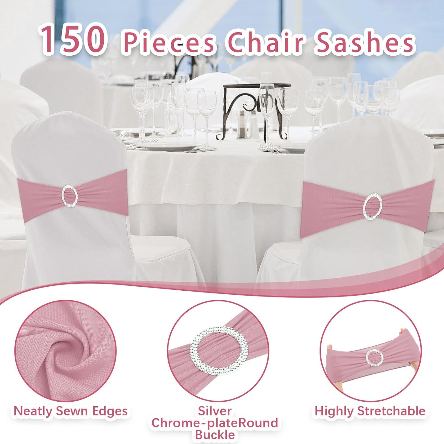 CHENGU 150 Pieces Spandex Stretch Chair Sashes Bows Elastic Chair Cover Bands Ties with Buckle Slider for Wedding Party Reception Events Universal Ceremony Banquet Decorations(Dusty Pink)