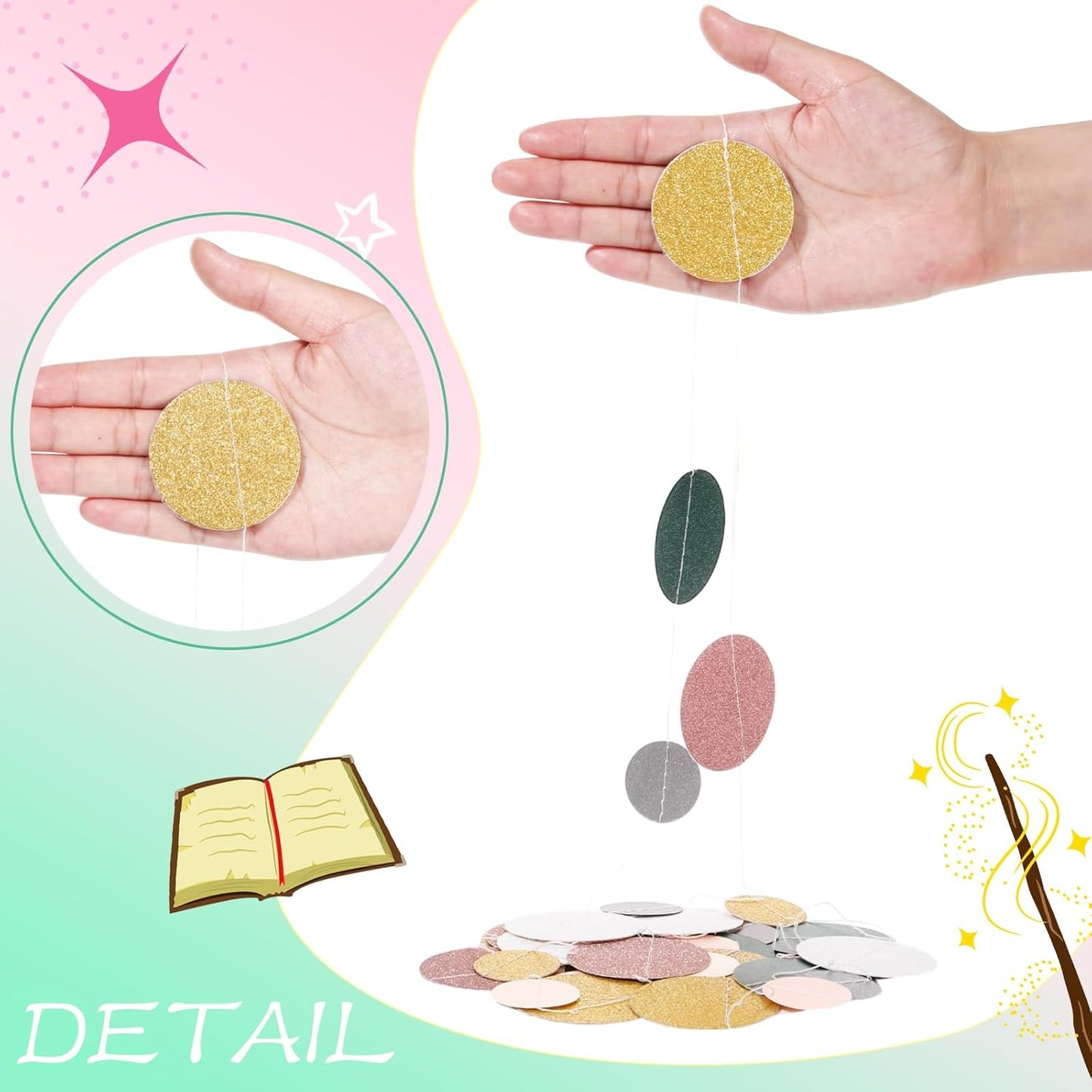 Outus 5 Pieces Colorful Dots Paper Garland Round Glitter Garland Hanging Confetti Streamers Backdrop for Candy Birthday Classroom Halloween Trunk or Treat Car Decoration (Sage Green,Pink,Gold)