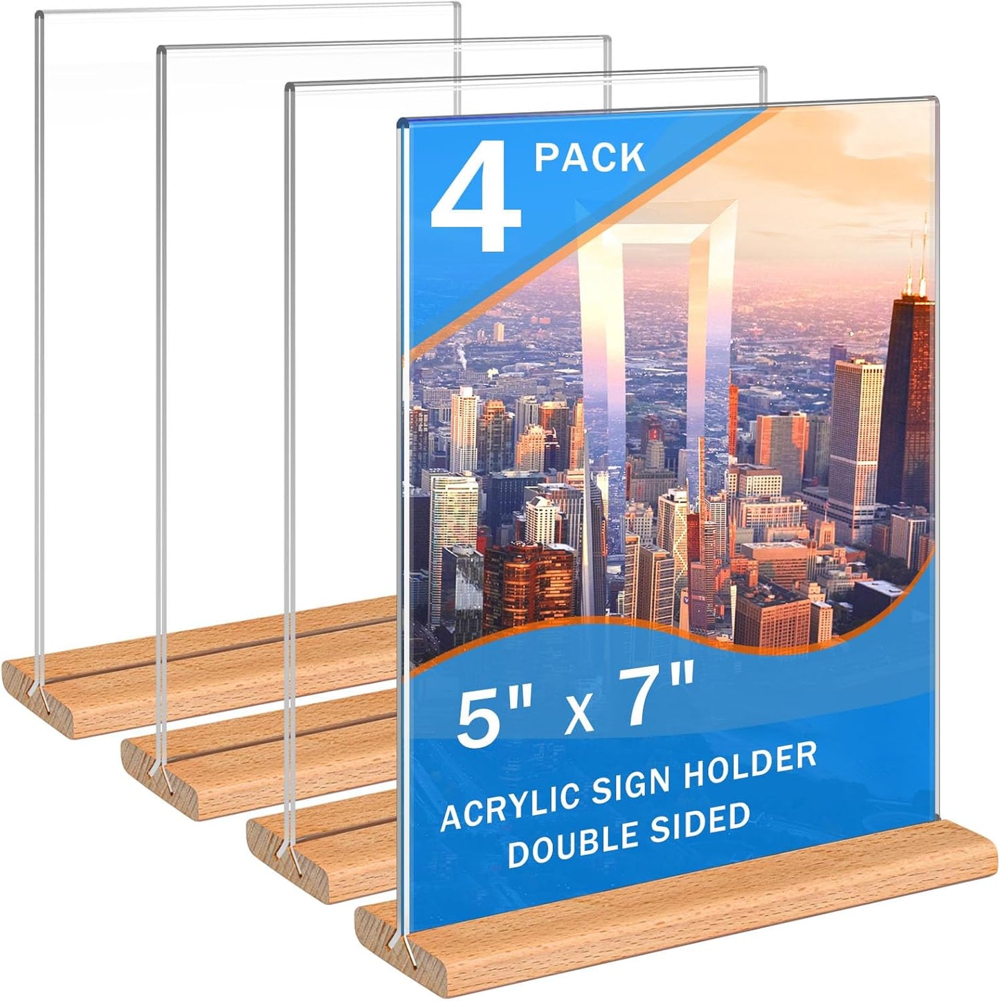 Kersally Acrylic Sign Holder 5 x 7, 4 Pack Double-Sided Clear Table Display Stands with Wood Base,Vertical Acrylic Frame Menu Flyer Paper Holder for Stores, Restaurants, Hotels, Office, Show Fair