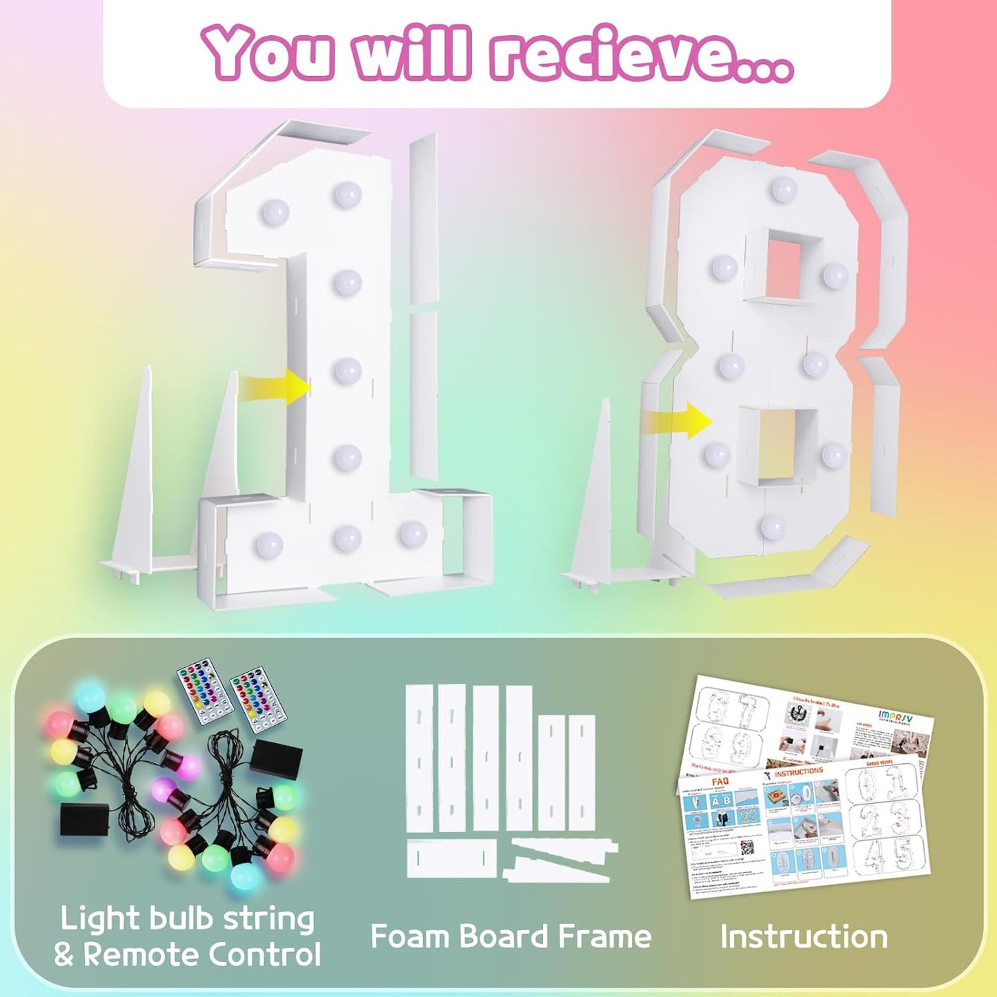 Marquee Numbers 18th-Birthday Decoration: Colorful 3FT Large Light Up 18 Year Old Birthday Decorations Anniversary Backdrop for Boys Girls Cardboard Sign 18 Colors Number 18 Mosaic Balloon Frame