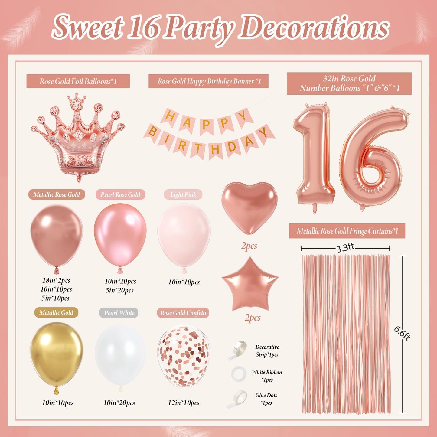 123pcs Sweet 16 Party Decorations with Rose Gold Pearl and White Balloons