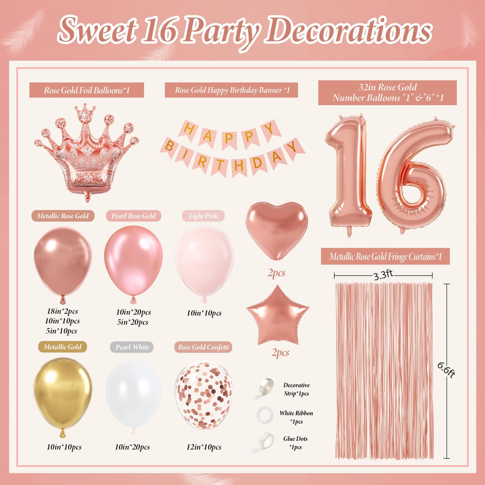 123pcs Sweet 16 Party Decorations with Rose Gold Pearl and White Balloons