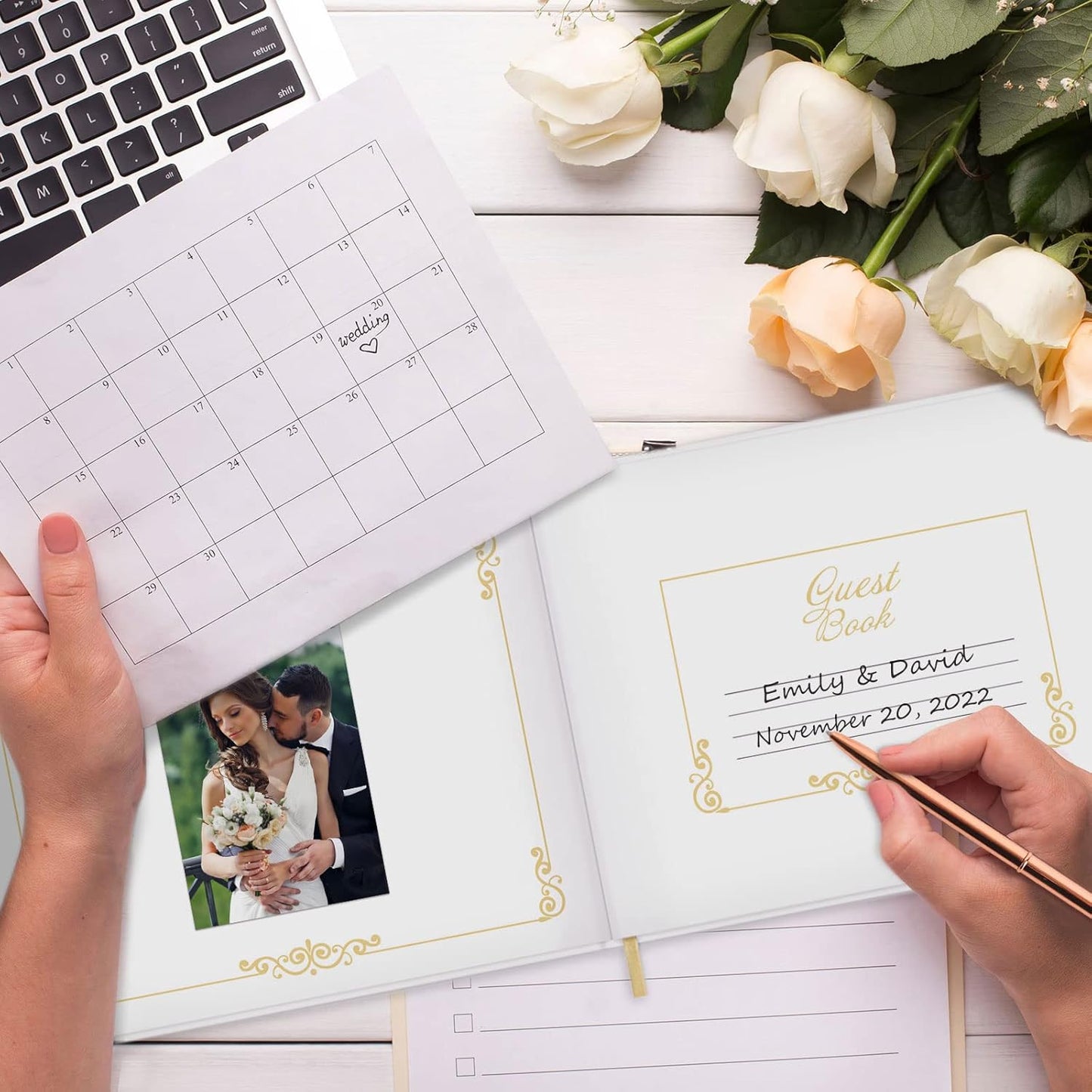 Vienrose Wedding Guest Book Set with A Pen and A Welcome Sign Registry Sign-in Book with 123 Blank Lined Pages Gilded Edges Hardcover Book for Wedding Baby Shower Birthday
