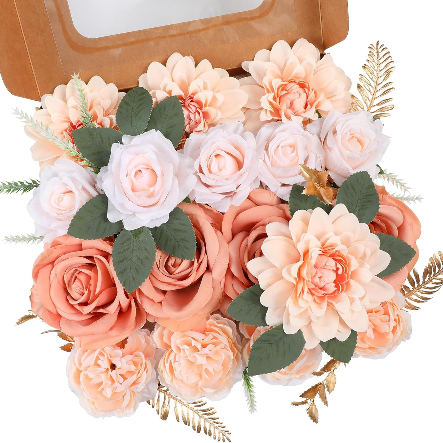 Artificial Flowers Combo, Mix Silk Flowers Roses, Peonies, Dahlias with Stems for DIY Wedding Bridal Bouquets, Baby Shower, Table Centerpieces, Home Decor, Fake Floral Arrangements-Champagne
