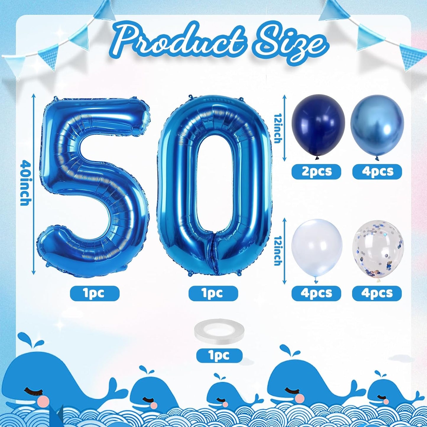 50th Birthday Balloon for Boys, Foil 40 Inch Self Inflating Balloon Number 50 Metallic Dark Blue, Navy Blue 50 Mylar Large Balloon with Silver Confetti Latex Balloon for Men Birthday Party Decorations