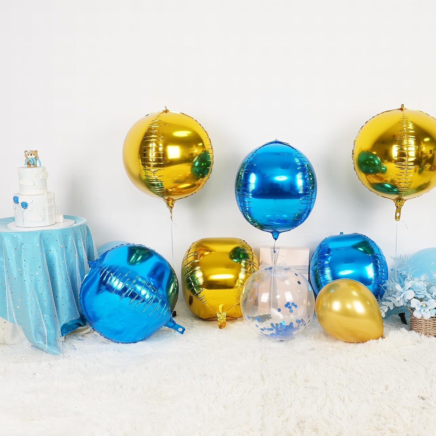 6Pcs Blue Gold Round Foil Balloons,Giant 4D Round Ball Balloon,22 Inch Metallic Blue Gold Balloons for Birthday Wedding Graduation Prom Party Decorations