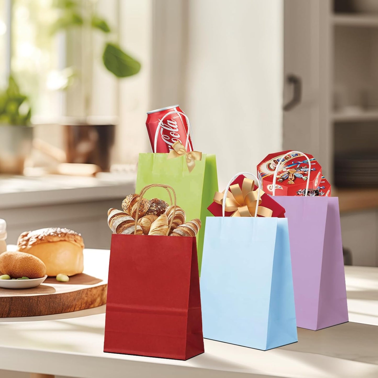 BAG BOX 50 Pack Small 5.9x3.1x8.25 Inch Red Kraft Paper Gift Bags with Handles for Bulk Shopping, Retail, Craft, Party Favors, Wedding, Grocery & Sacks