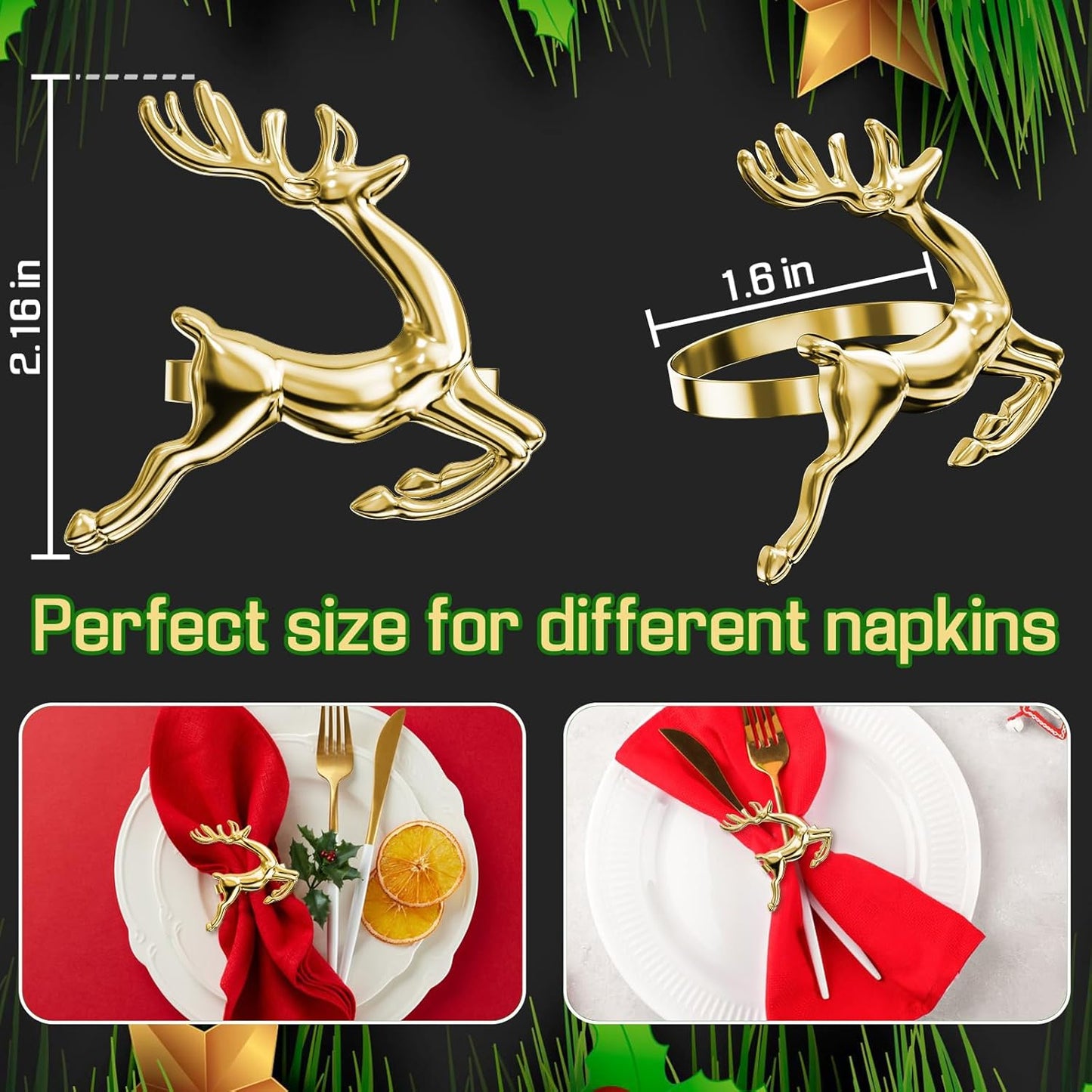 ZeeDix Gold Reindeer Christmas Napkin Rings Set of 8, Napkin Holder Ring for Christmas Dinner Table Decor Cloth Napkins, Wedding Receptions, Holiday Party, Banquet and Home Kitchen