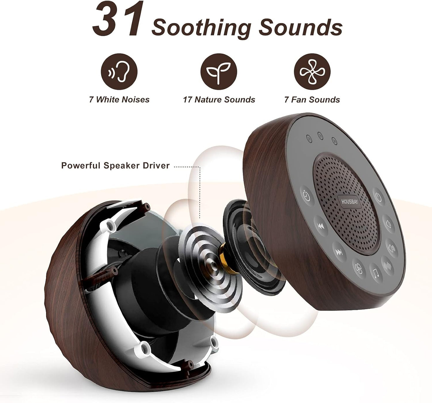 Housbay White Noise Machine with 31 High Fidelity Soothing Sounds, 5W High Power Loud Enough Speaker, Easy Volume Control, Sleep Timer, Sound Machine for Baby, Kids, Adults, Light Sleeper -Wood Grain