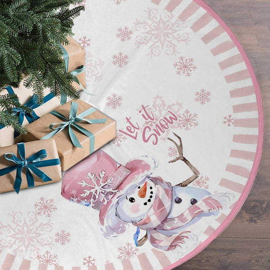 Let It Snow Snowman Christmas Tree Skirt 36 Inches, Pink Snowflake Tree Skirt, Winter Xmas Tree Mat for Home Party Holiday Indoor Outdoor Decorations (Pink, 36in)