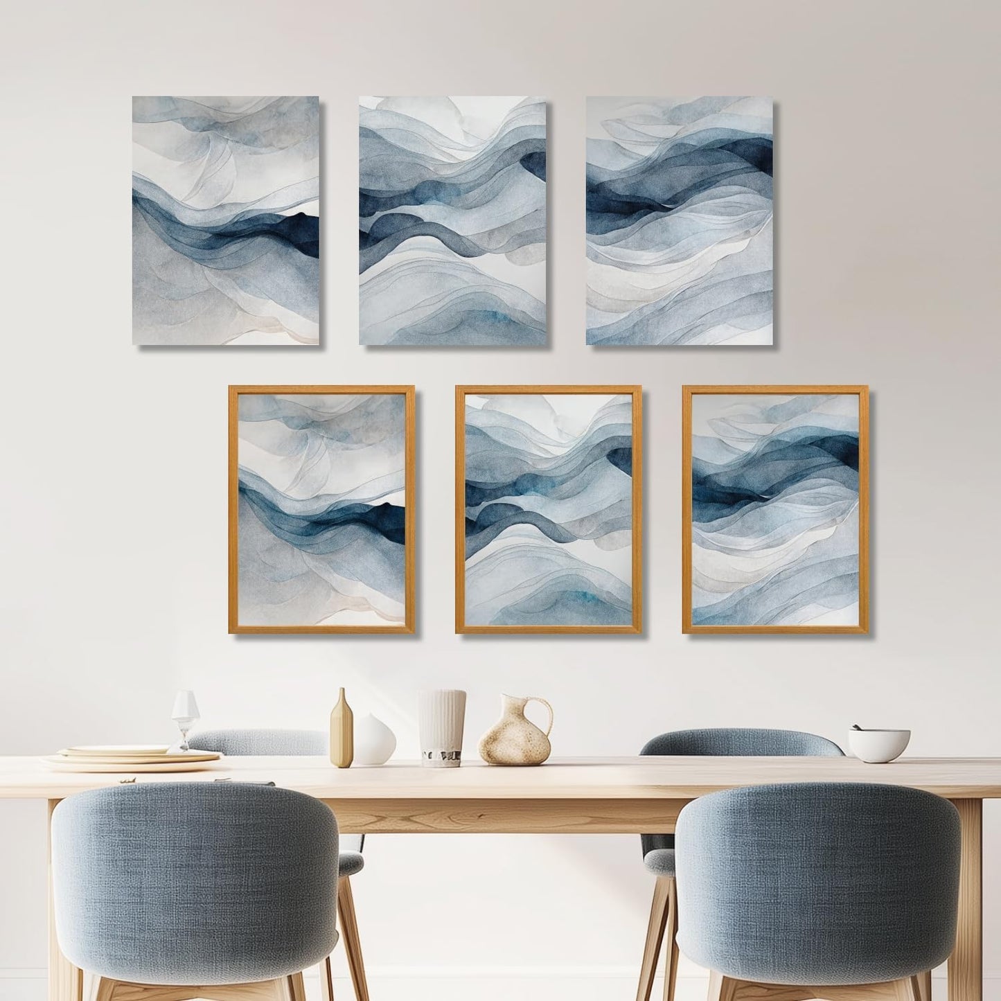 IAFWZX Wood Framed Blue Gray Abstract Wall Art, Modern Minimalist Waves Wall Decor, Neutral Watercolor Line Canvas Paintings, Navy Blue Watercolor Poster Prints for Living Room Office 16"x24"x3