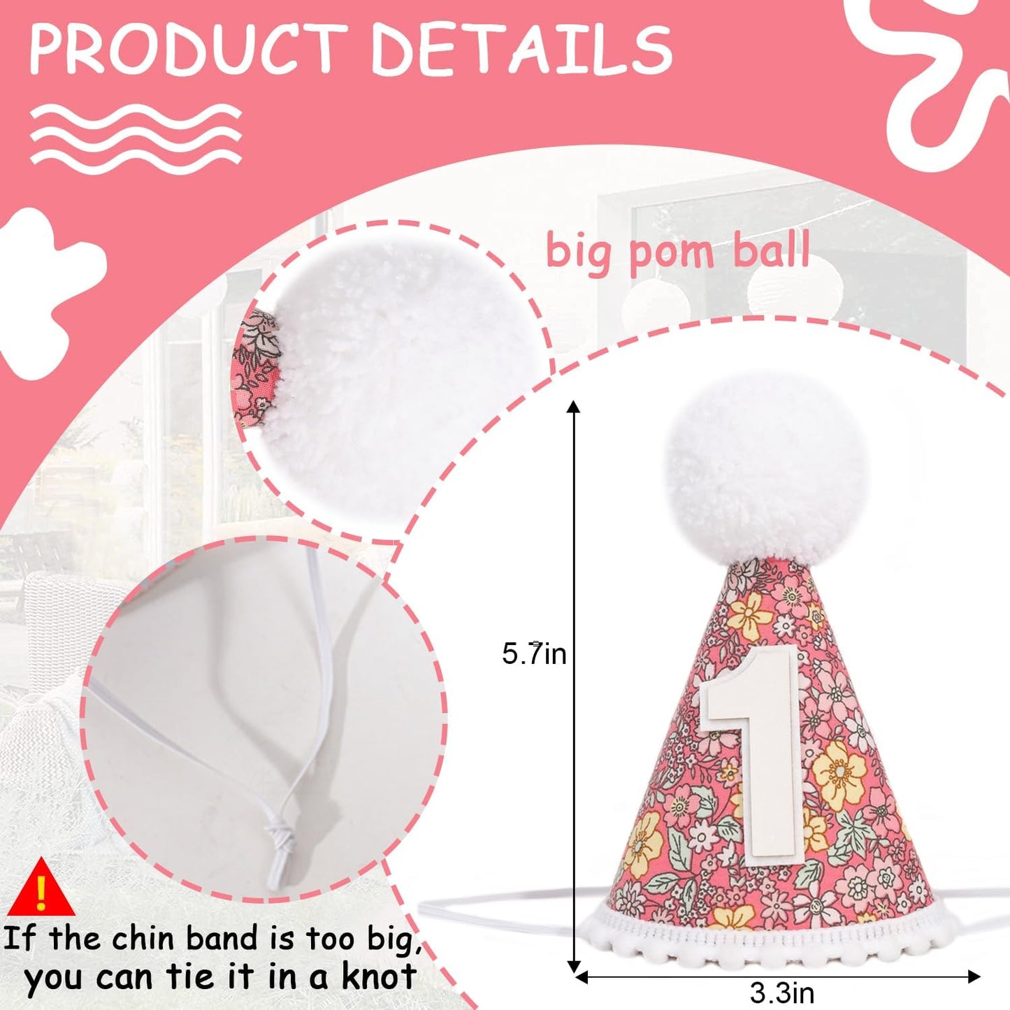 WAUAO Floral 1st Birthday Hat - Colorful Flower Cone Hat for Girls & Boys, First Birthday Crown, Party Photo Prop