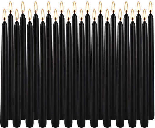24 Pack Black Taper Candles, 7-8 Hours Burn Time, Unscented, Smokeless and Dripless, 0.75 x 10 Inch Dinner Candle Set for Halloween, Household, Wedding, Party and Home Décor Candlesticks