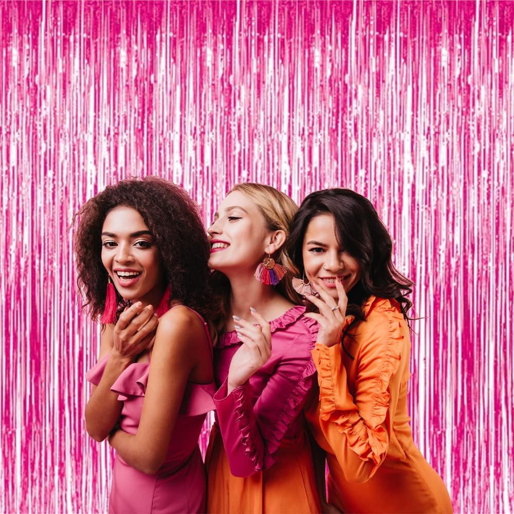 GOER 6.4 ft x 8.2 ft Metallic Tinsel Foil Fringe Curtains,Pack of 2 Party Streamer Backdrop for Galentines Day,Birthday,Graduation Decorations and New Year Eve (Hot Pink)