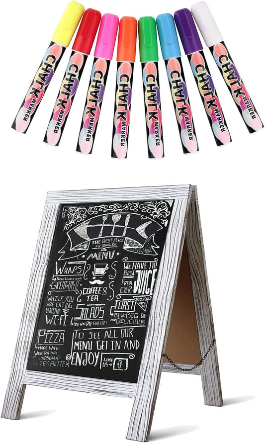 Rustic Whitewash Double Sided Chalkboard, 7.5"*8.6" Tabletop Stand, Small Countertop Chalkboard Easel with 8Pcs Liquid Chalk for Menu, Kitchen, Restaurants, Bar, Wedding and Home Decor
